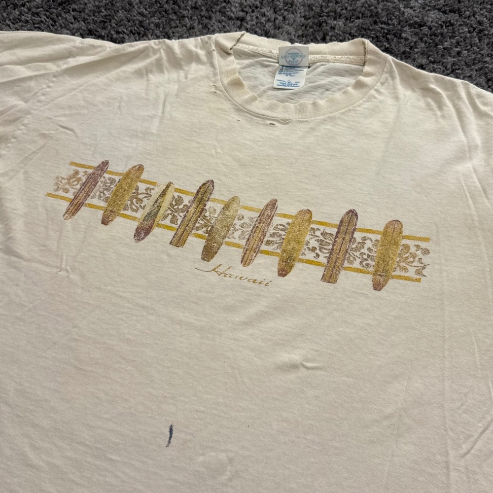 Vintage Hawaii Surfboard Graphic T-Shirt Mens Cream Fair Distressed XL